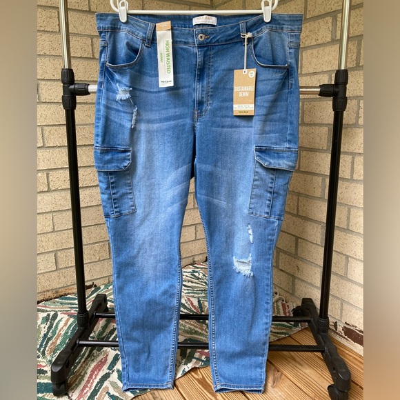 Wax Jeans Blue Denim Cargo Pocket Skinny Jeans Stretchy Cropped Jeans - Picture 4 of 16